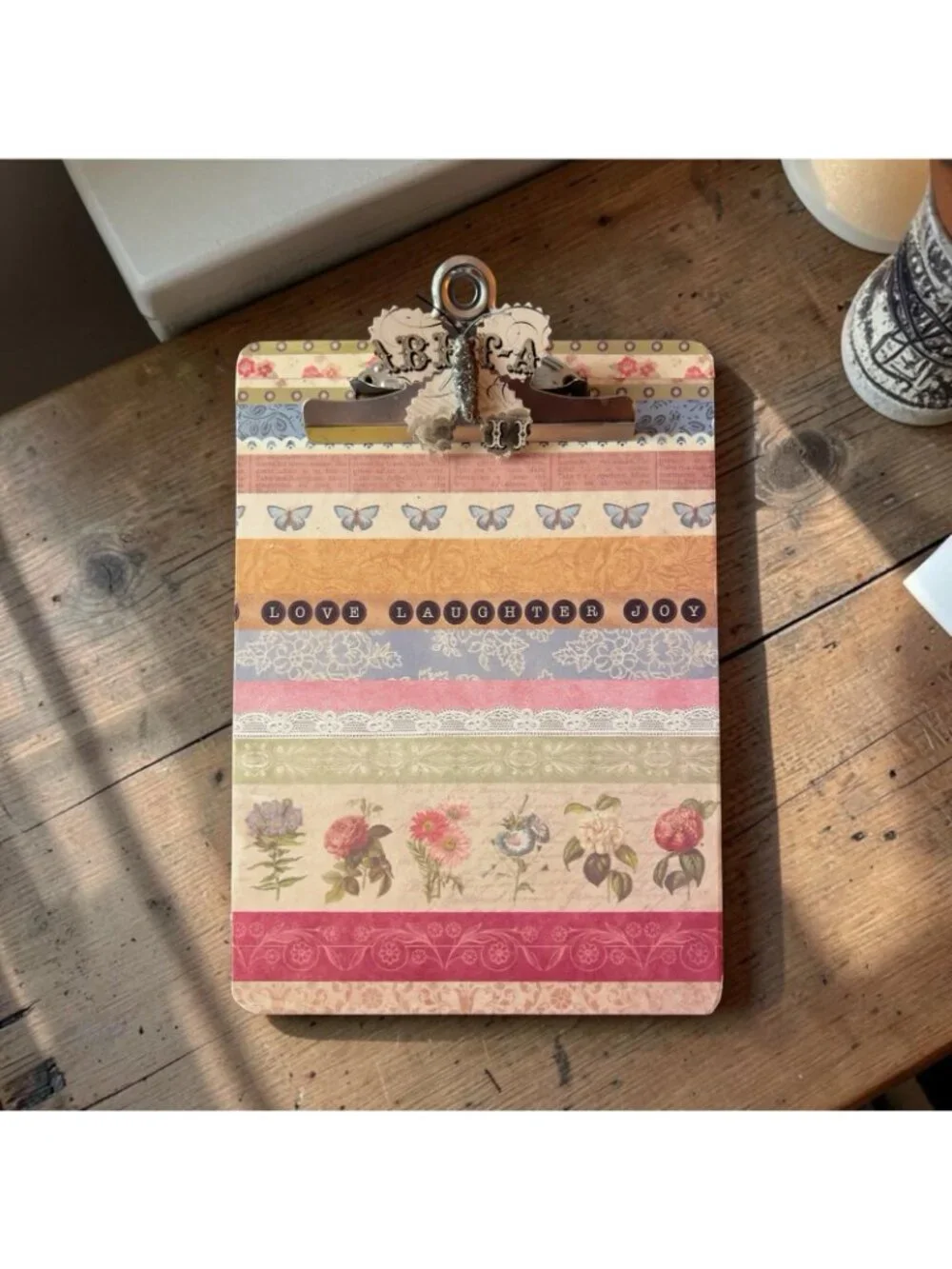 Handcrafted CLIPBOARD Upcycled Decopage Butterfly LOVE LAUGHER JOY 12 x 9